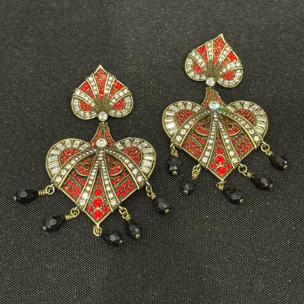Heidi Daus Red and Clear Crystal Heart Drop Earrings with Black Bead Fringe